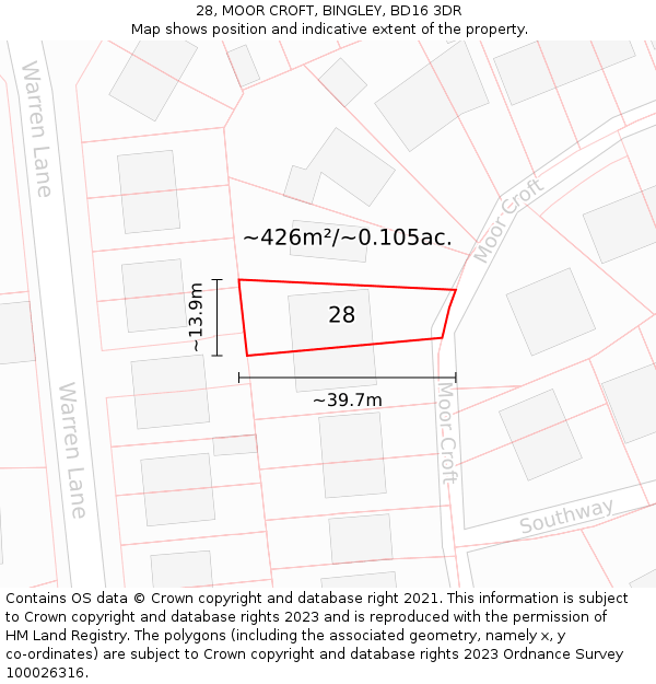 28, MOOR CROFT, BINGLEY, BD16 3DR: Plot and title map