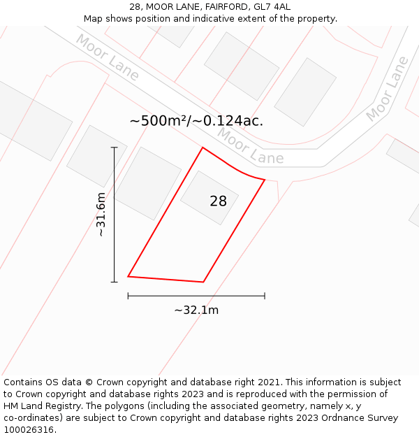 28, MOOR LANE, FAIRFORD, GL7 4AL: Plot and title map