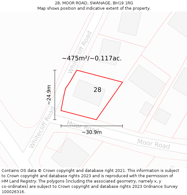 28, MOOR ROAD, SWANAGE, BH19 1RG: Plot and title map