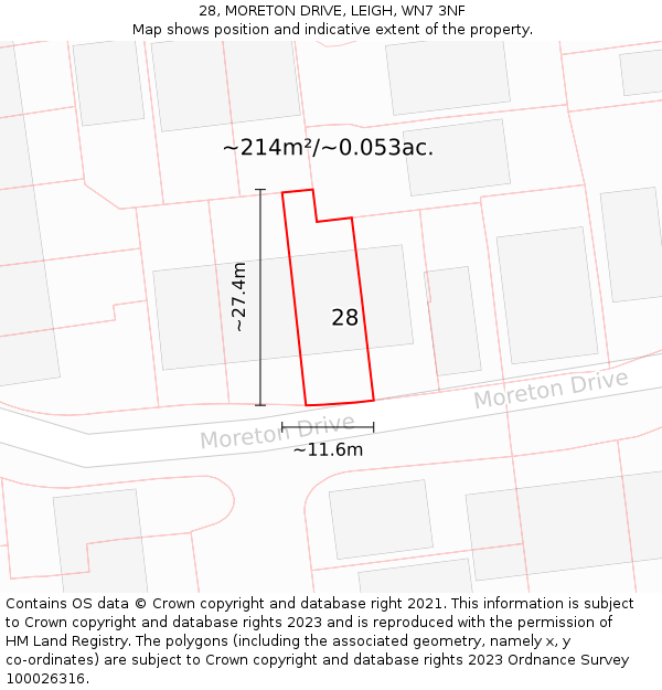 28, MORETON DRIVE, LEIGH, WN7 3NF: Plot and title map