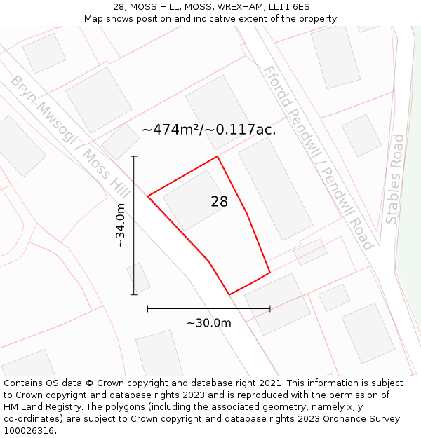 28, MOSS HILL, MOSS, WREXHAM, LL11 6ES: Plot and title map