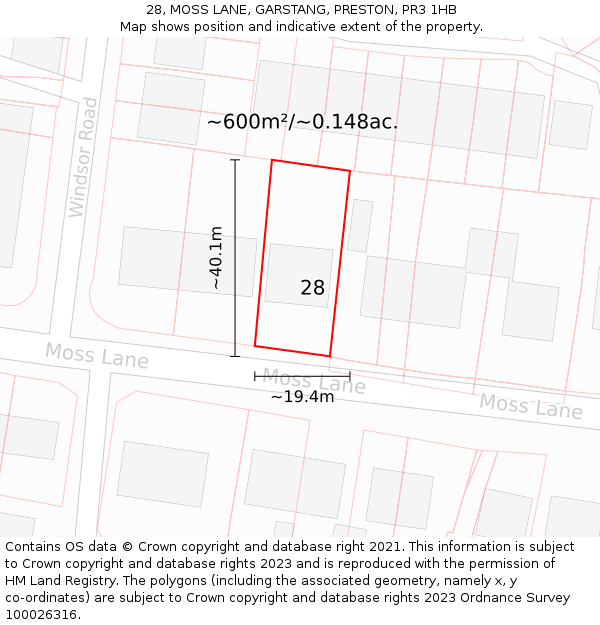 28, MOSS LANE, GARSTANG, PRESTON, PR3 1HB: Plot and title map