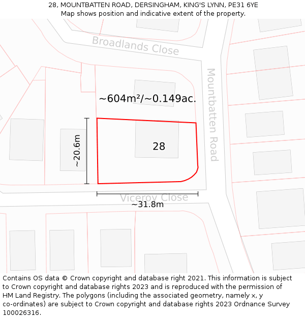 28, MOUNTBATTEN ROAD, DERSINGHAM, KING'S LYNN, PE31 6YE: Plot and title map