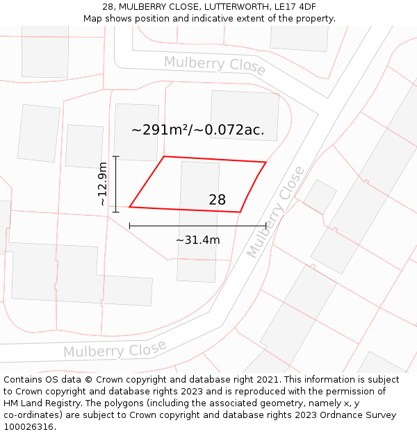 28, MULBERRY CLOSE, LUTTERWORTH, LE17 4DF: Plot and title map
