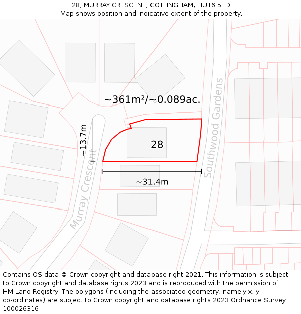 28, MURRAY CRESCENT, COTTINGHAM, HU16 5ED: Plot and title map