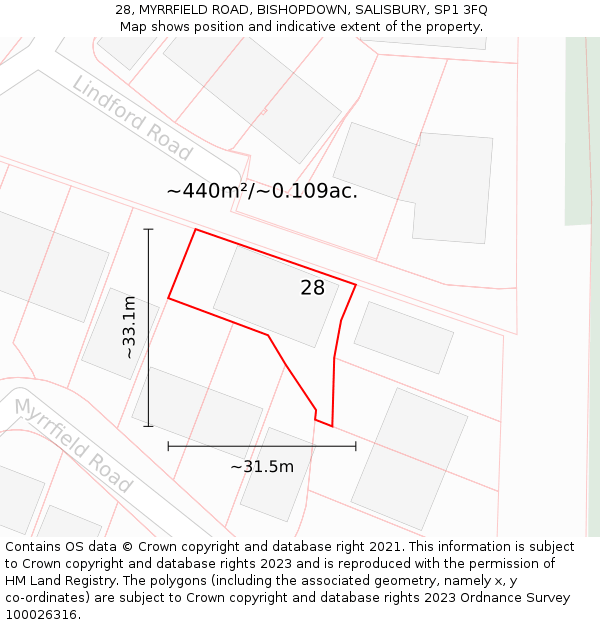 28, MYRRFIELD ROAD, BISHOPDOWN, SALISBURY, SP1 3FQ: Plot and title map