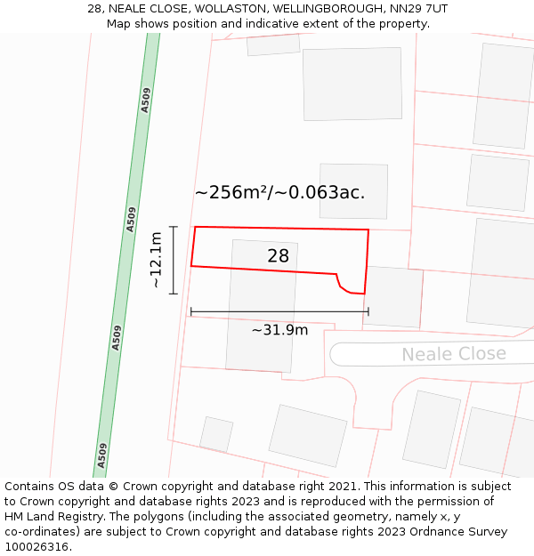 28, NEALE CLOSE, WOLLASTON, WELLINGBOROUGH, NN29 7UT: Plot and title map