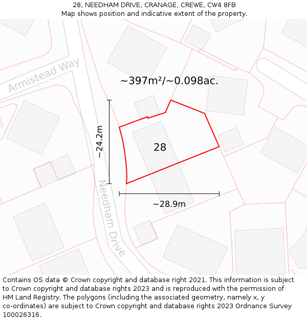 28, NEEDHAM DRIVE, CRANAGE, CREWE, CW4 8FB: Plot and title map