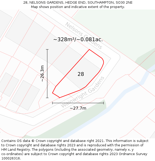 28, NELSONS GARDENS, HEDGE END, SOUTHAMPTON, SO30 2NE: Plot and title map
