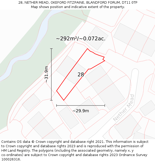 28, NETHER MEAD, OKEFORD FITZPAINE, BLANDFORD FORUM, DT11 0TP: Plot and title map