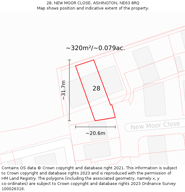 28, NEW MOOR CLOSE, ASHINGTON, NE63 8RQ: Plot and title map