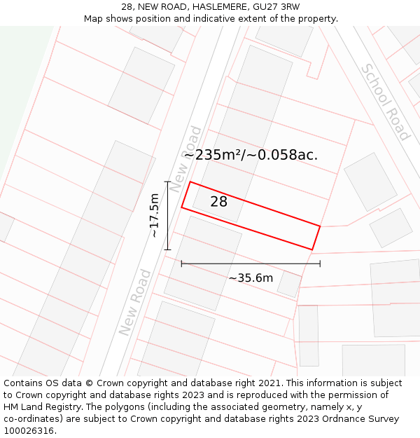 28, NEW ROAD, HASLEMERE, GU27 3RW: Plot and title map