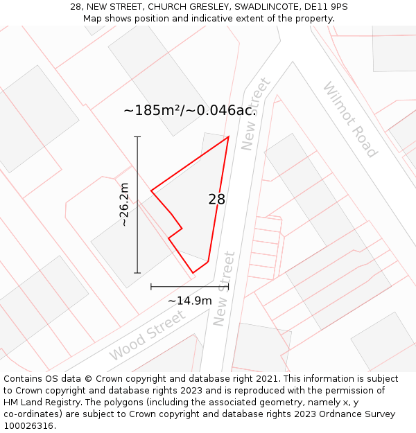 28, NEW STREET, CHURCH GRESLEY, SWADLINCOTE, DE11 9PS: Plot and title map