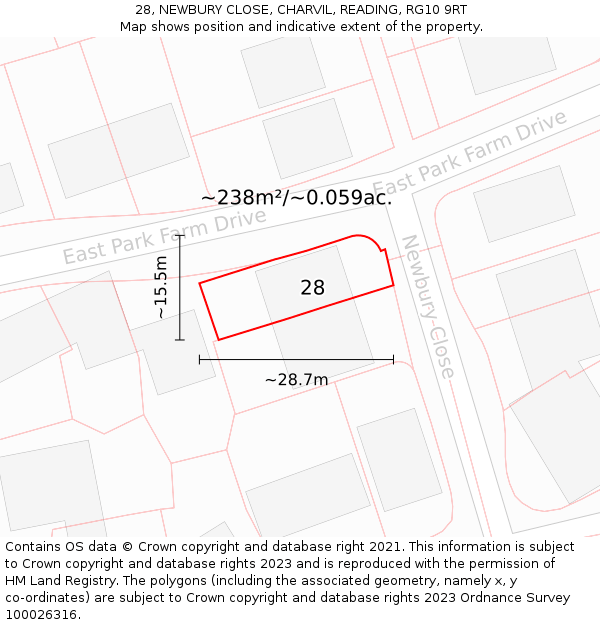 28, NEWBURY CLOSE, CHARVIL, READING, RG10 9RT: Plot and title map