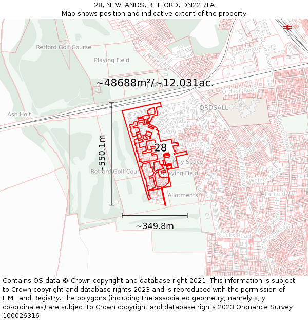 28, NEWLANDS, RETFORD, DN22 7FA: Plot and title map