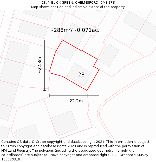 28, NIBLICK GREEN, CHELMSFORD, CM3 3FS: Plot and title map