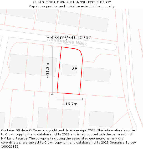 28, NIGHTINGALE WALK, BILLINGSHURST, RH14 9TY: Plot and title map