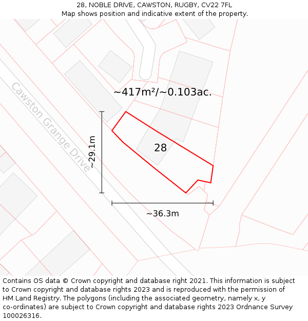 28, NOBLE DRIVE, CAWSTON, RUGBY, CV22 7FL: Plot and title map