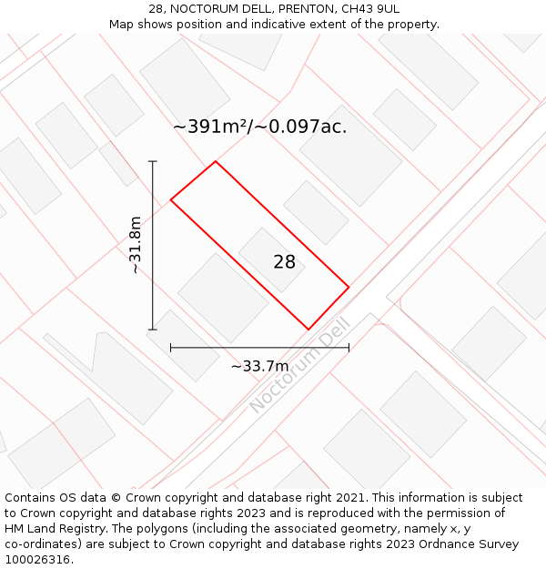 28, NOCTORUM DELL, PRENTON, CH43 9UL: Plot and title map
