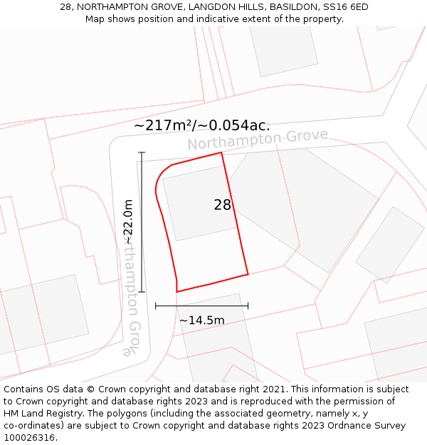 28, NORTHAMPTON GROVE, LANGDON HILLS, BASILDON, SS16 6ED: Plot and title map