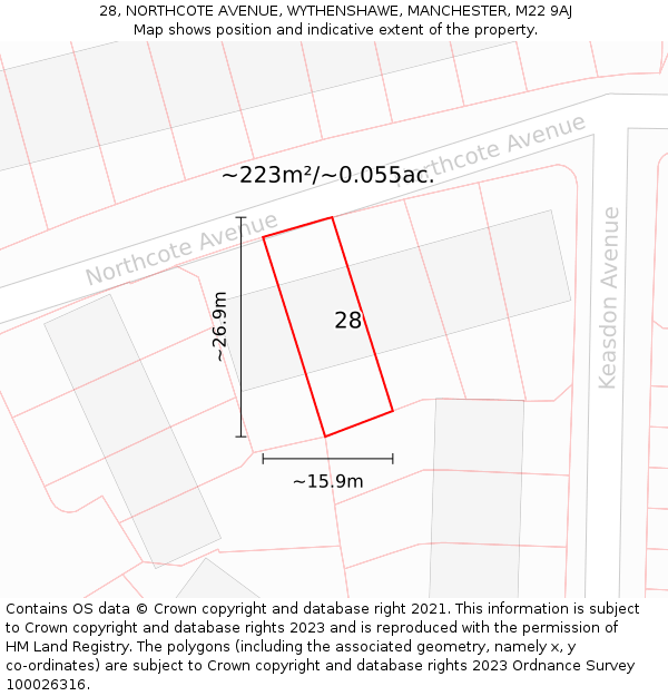 28, NORTHCOTE AVENUE, WYTHENSHAWE, MANCHESTER, M22 9AJ: Plot and title map
