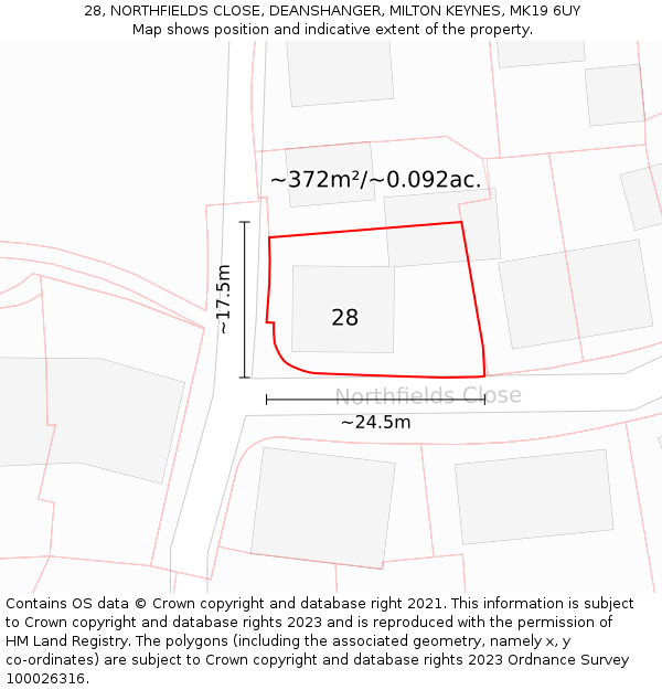28, NORTHFIELDS CLOSE, DEANSHANGER, MILTON KEYNES, MK19 6UY: Plot and title map