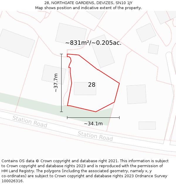28, NORTHGATE GARDENS, DEVIZES, SN10 1JY: Plot and title map