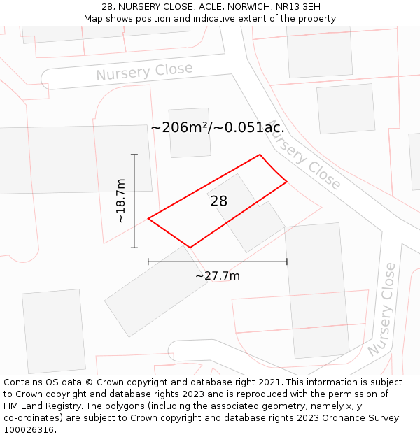 28, NURSERY CLOSE, ACLE, NORWICH, NR13 3EH: Plot and title map
