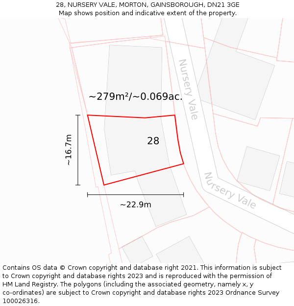 28, NURSERY VALE, MORTON, GAINSBOROUGH, DN21 3GE: Plot and title map