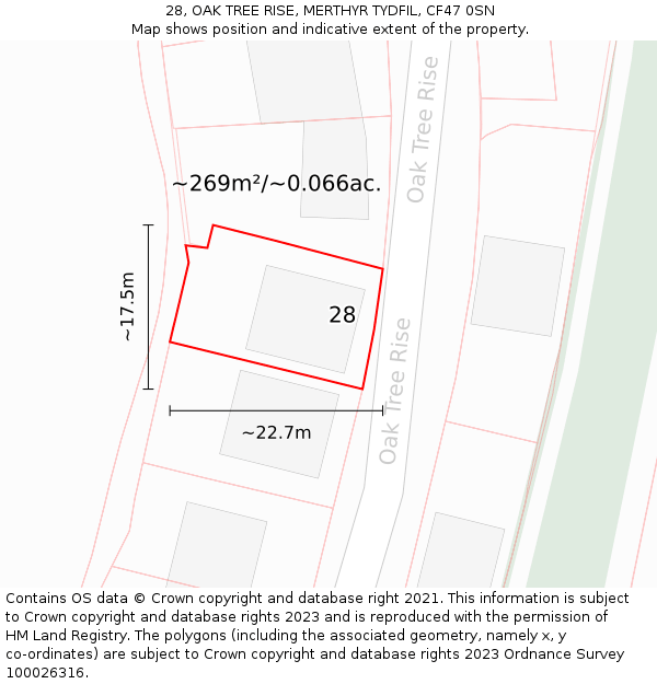 28, OAK TREE RISE, MERTHYR TYDFIL, CF47 0SN: Plot and title map