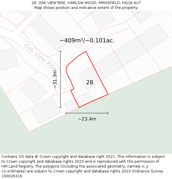 28, OAK VIEW RISE, HARLOW WOOD, MANSFIELD, NG18 4UT: Plot and title map