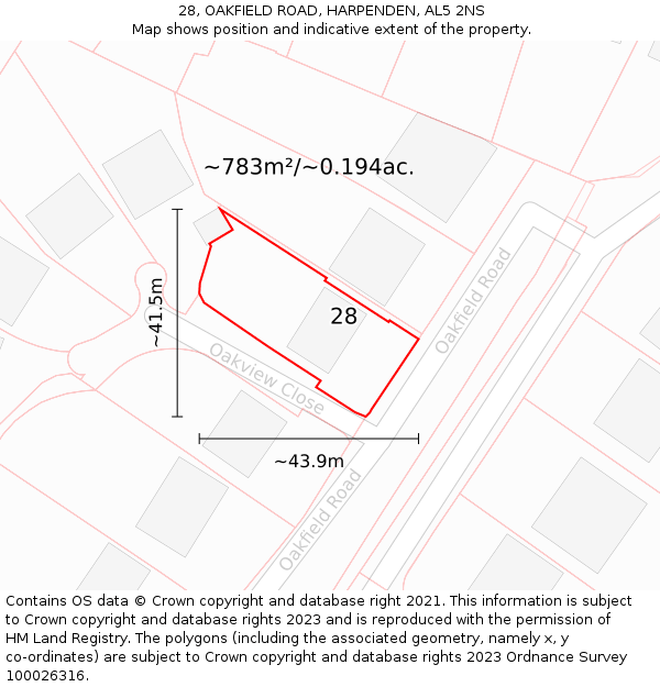 28, OAKFIELD ROAD, HARPENDEN, AL5 2NS: Plot and title map