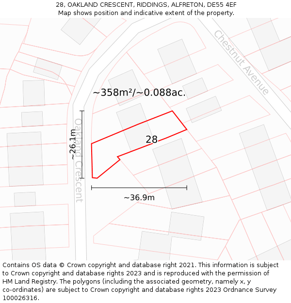 28, OAKLAND CRESCENT, RIDDINGS, ALFRETON, DE55 4EF: Plot and title map
