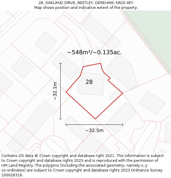 28, OAKLAND DRIVE, BEETLEY, DEREHAM, NR20 4EY: Plot and title map