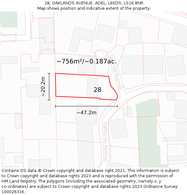 28, OAKLANDS AVENUE, ADEL, LEEDS, LS16 8NR: Plot and title map