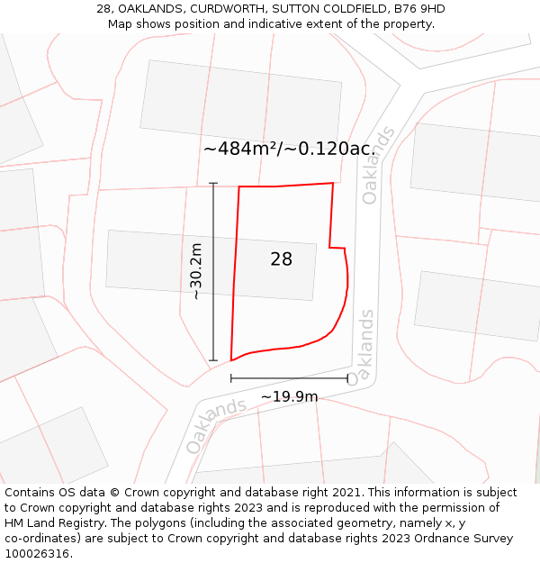 28, OAKLANDS, CURDWORTH, SUTTON COLDFIELD, B76 9HD: Plot and title map