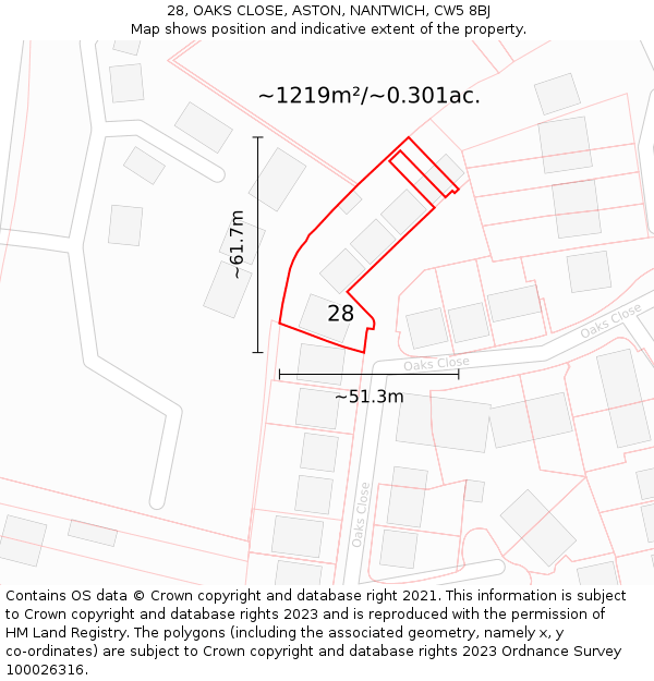 28, OAKS CLOSE, ASTON, NANTWICH, CW5 8BJ: Plot and title map
