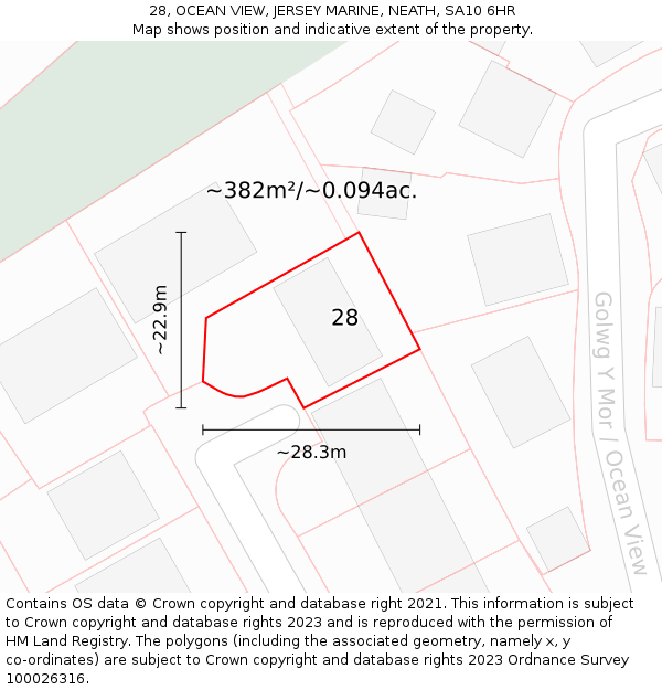 28, OCEAN VIEW, JERSEY MARINE, NEATH, SA10 6HR: Plot and title map