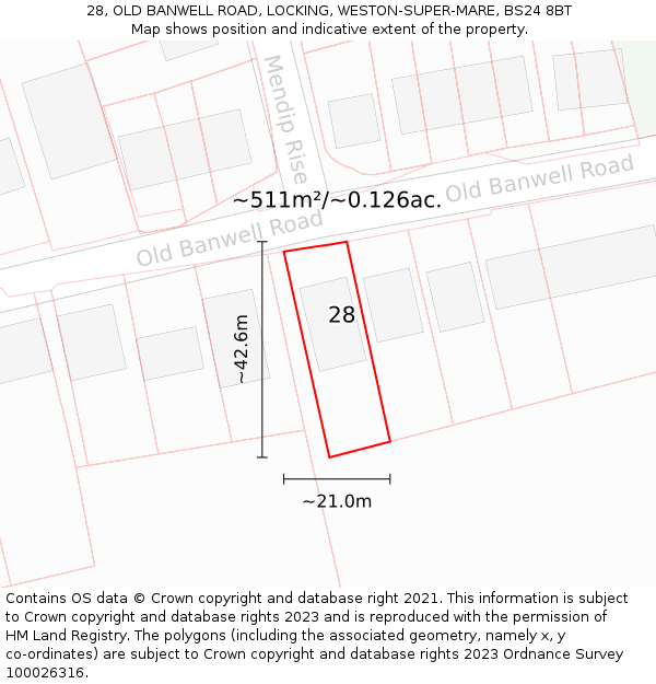 28, OLD BANWELL ROAD, LOCKING, WESTON-SUPER-MARE, BS24 8BT: Plot and title map