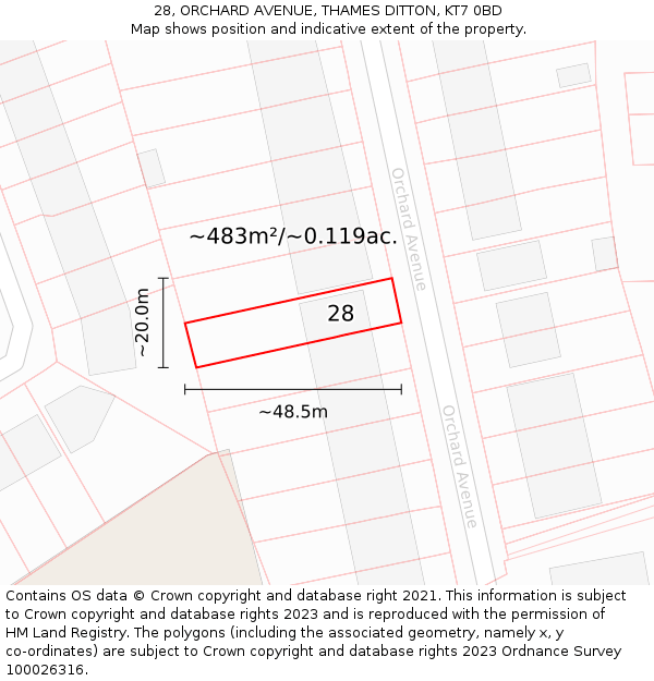 28, ORCHARD AVENUE, THAMES DITTON, KT7 0BD: Plot and title map