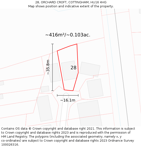 28, ORCHARD CROFT, COTTINGHAM, HU16 4HG: Plot and title map