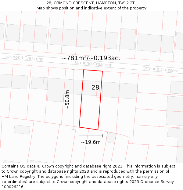 28, ORMOND CRESCENT, HAMPTON, TW12 2TH: Plot and title map