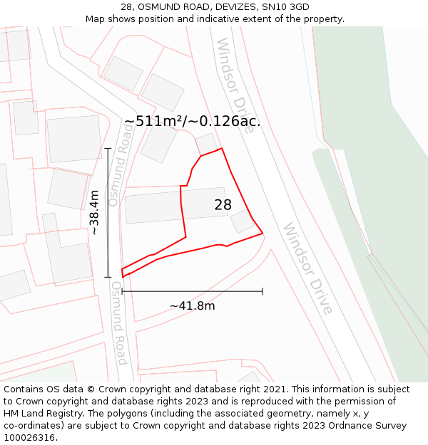 28, OSMUND ROAD, DEVIZES, SN10 3GD: Plot and title map