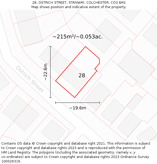 28, OSTRICH STREET, STANWAY, COLCHESTER, CO3 8AS: Plot and title map