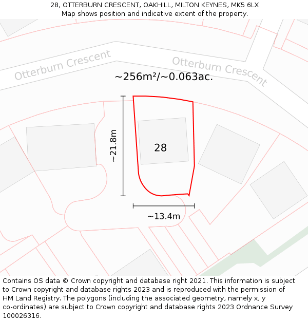 28, OTTERBURN CRESCENT, OAKHILL, MILTON KEYNES, MK5 6LX: Plot and title map