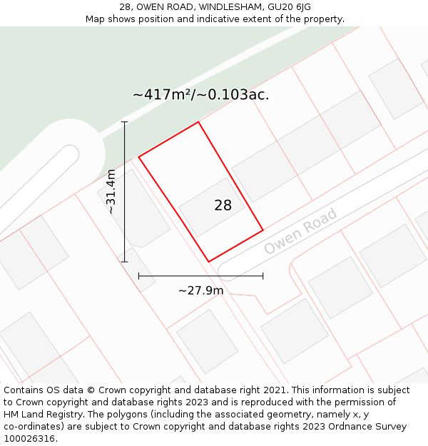 28, OWEN ROAD, WINDLESHAM, GU20 6JG: Plot and title map