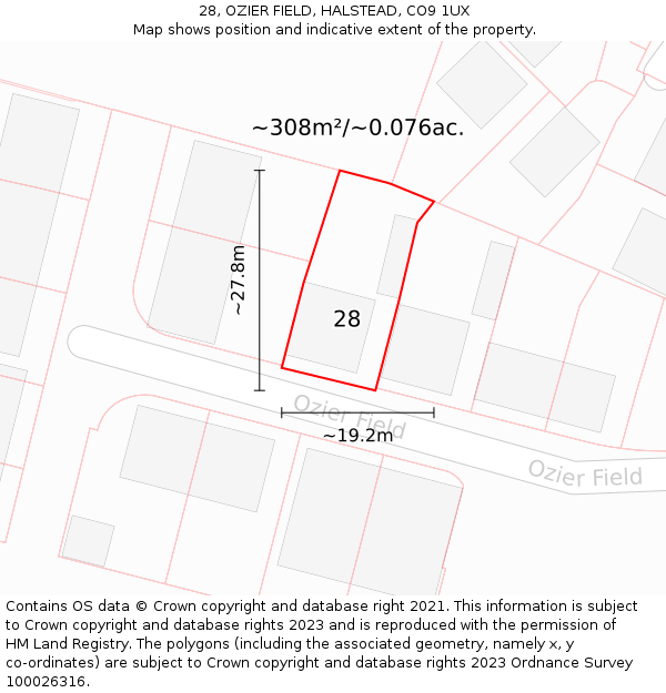 28, OZIER FIELD, HALSTEAD, CO9 1UX: Plot and title map