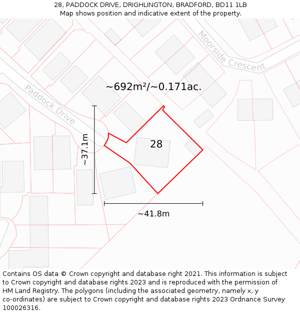 28, PADDOCK DRIVE, DRIGHLINGTON, BRADFORD, BD11 1LB: Plot and title map
