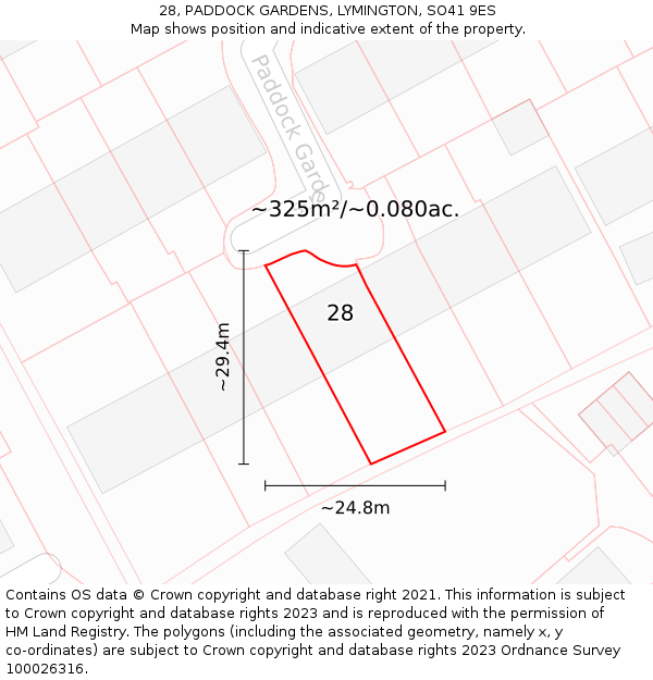 28, PADDOCK GARDENS, LYMINGTON, SO41 9ES: Plot and title map