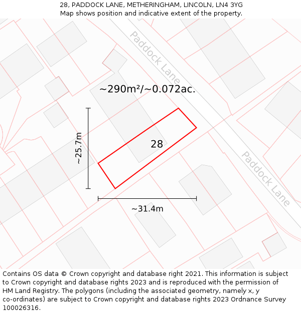 28, PADDOCK LANE, METHERINGHAM, LINCOLN, LN4 3YG: Plot and title map